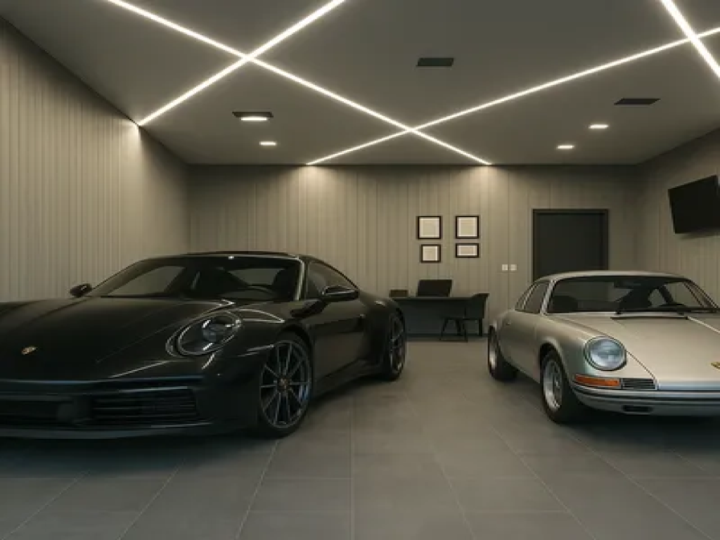 Garage di lusso con Soffitto Teso Moderno, illuminazione geometrica a X e due Porsche 911 — una classica e una contemporanea — parcheggiate fianco a fianco su pavimento in gres grigio.