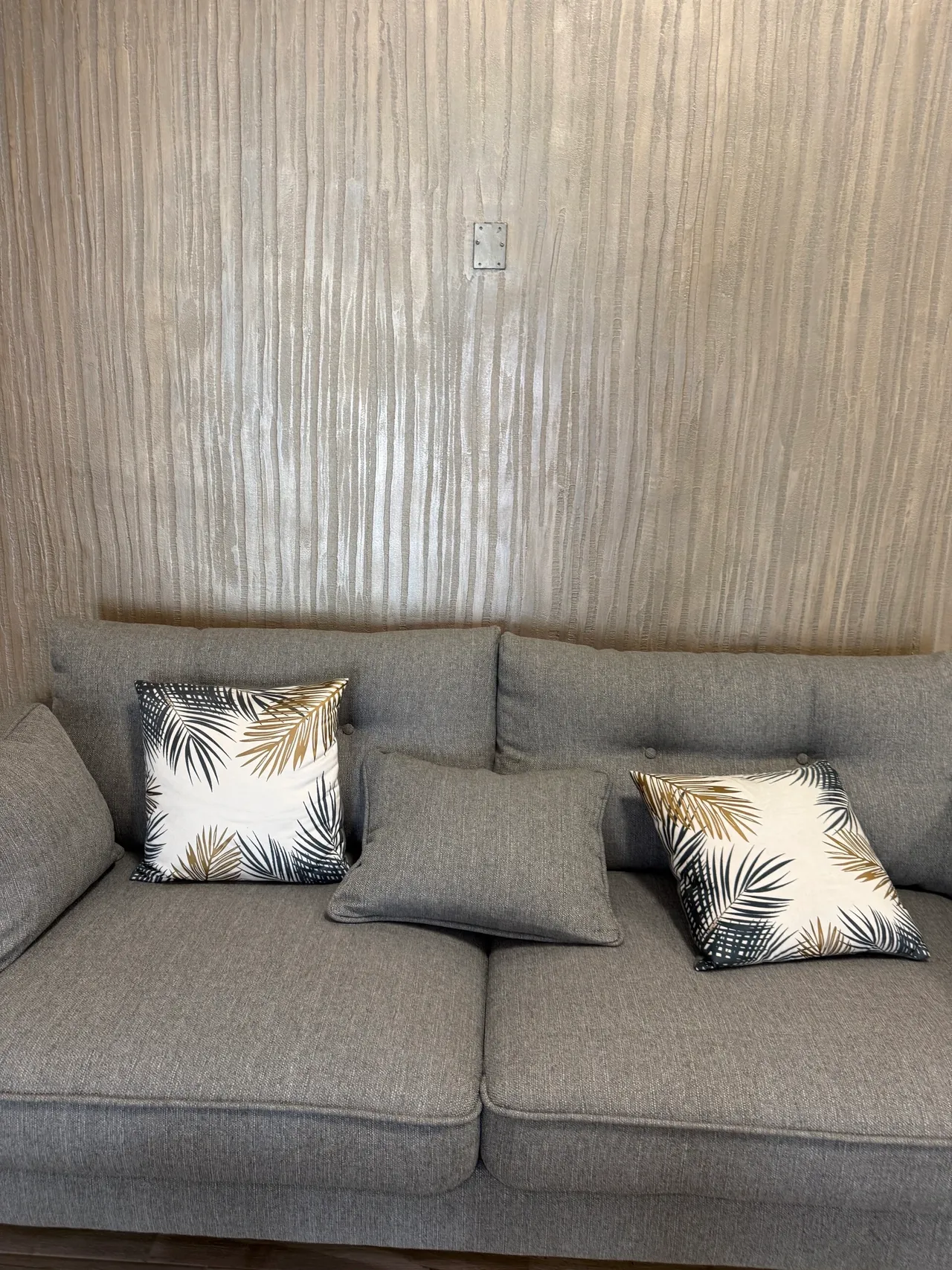 soggiorno moderno minimalista con parete in gesso beige e divano grigio, cuscini decorativi a foglie di palma nere e dorate, stile scandinavo-mediterraneo